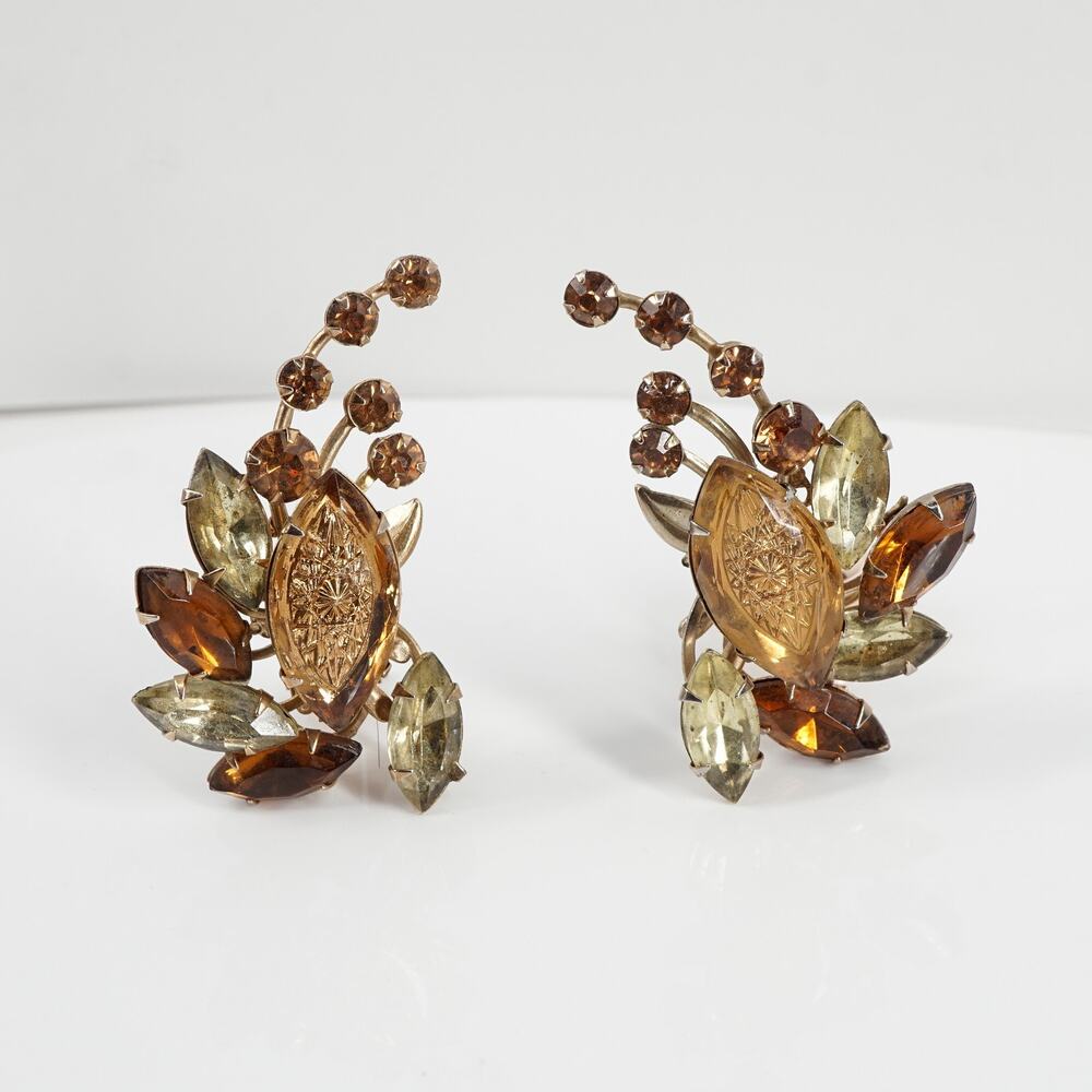 Vintage Judy Lee Brown Starburst Rhinestone Ear Climber Clip On Earrings MCM